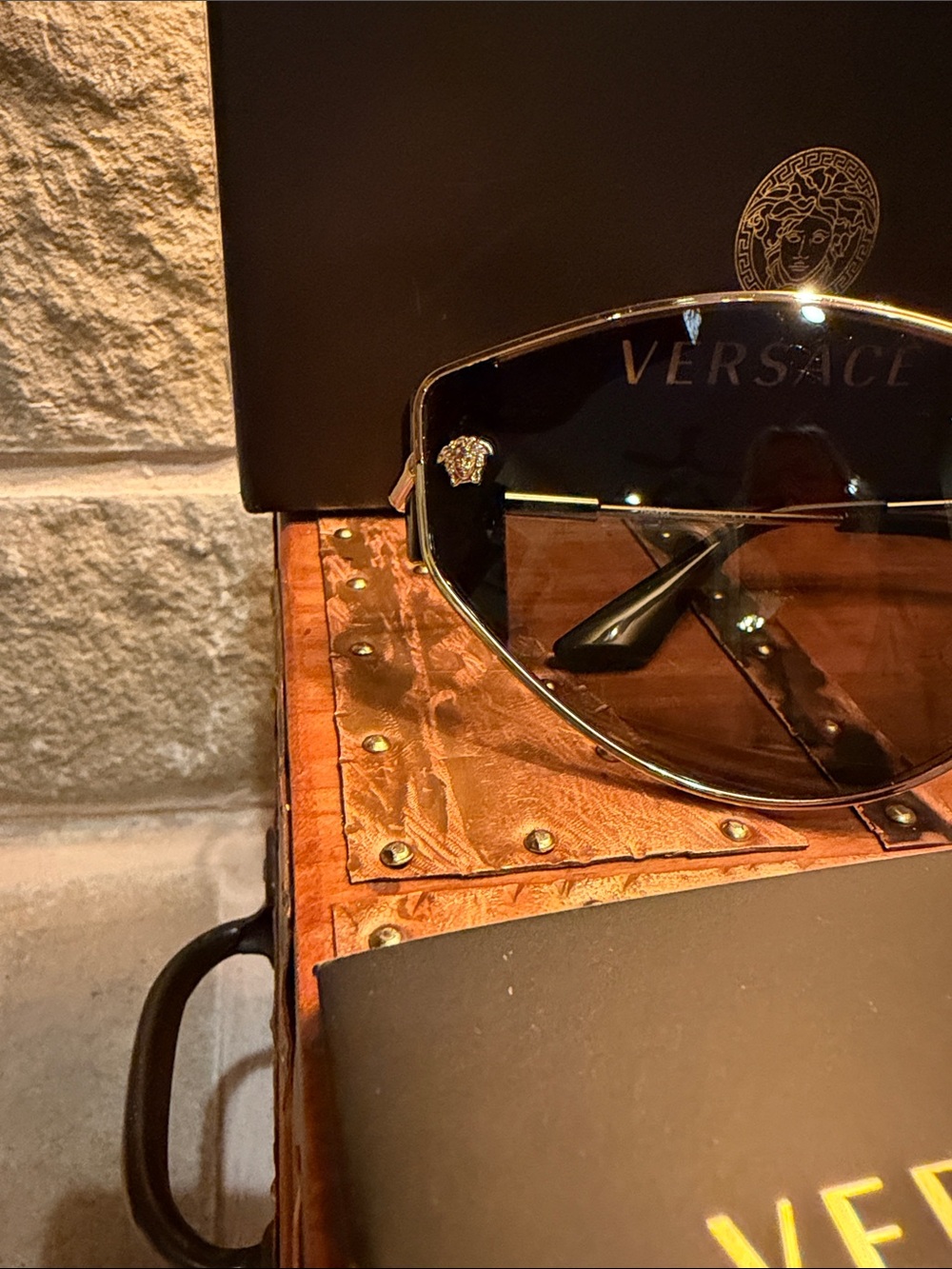 Versace Black Shield Sunglasses with Gold Trim ⭐️ GORGEOUS - Picture 4 of 13